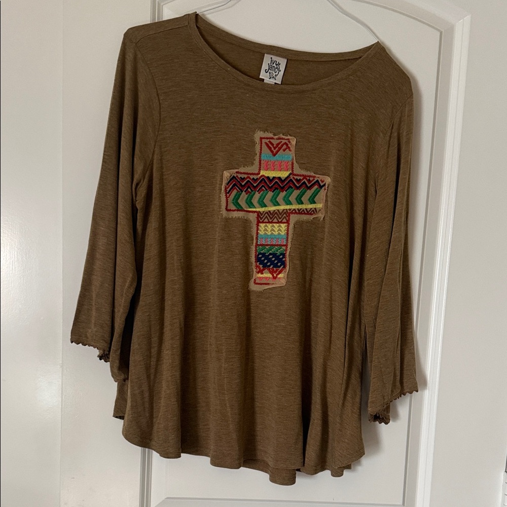 Ivy Jane Brown Top with Colorful Cross Pattern